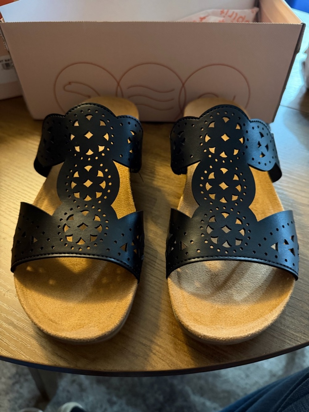 Easy Spirit Black Laser-Cut Double Band Slide Sandals